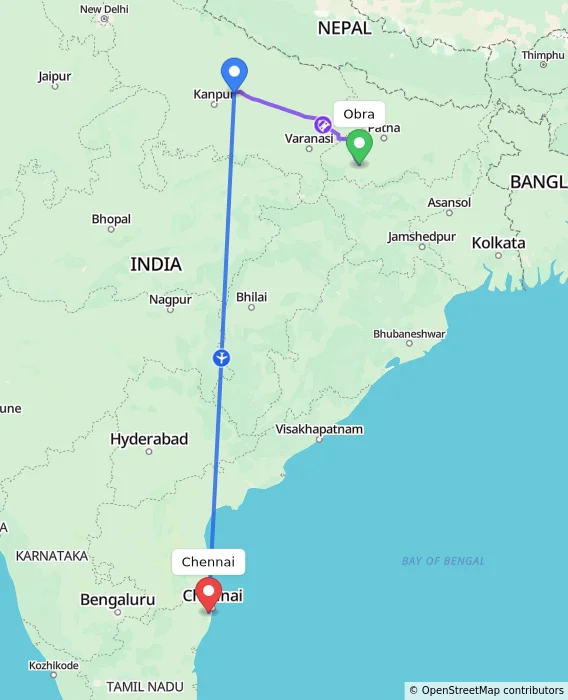 Route map showing distance and travel time from Obra, India to Chennai, India