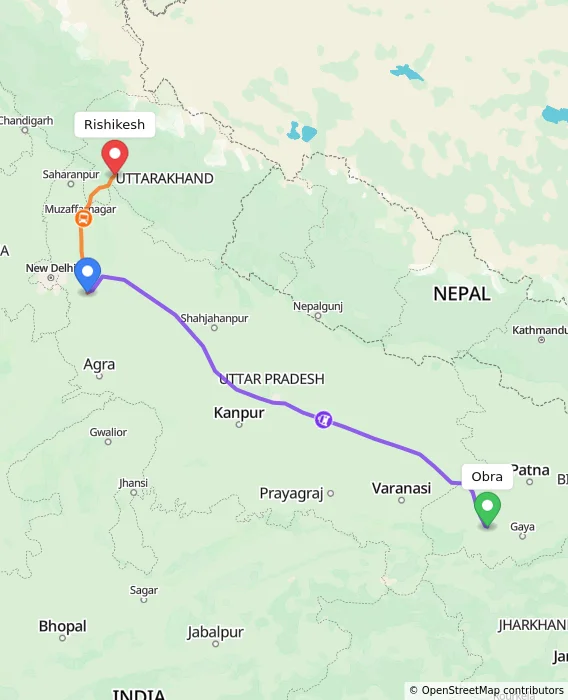 Route map showing distance and travel time from Obra, India to Rishikesh, India