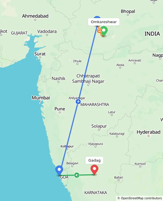 Route map showing distance and travel time from Omkareshwar, India to Gadag, India