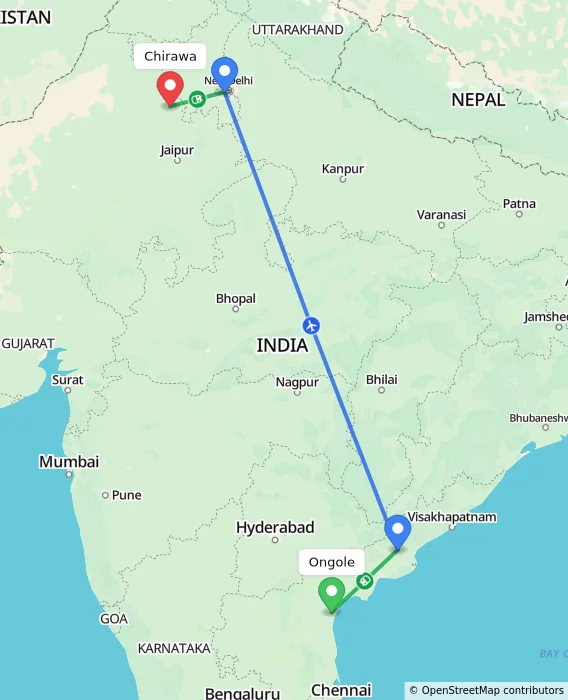 Route map showing distance and travel time from Ongole, India to Chirawa, India
