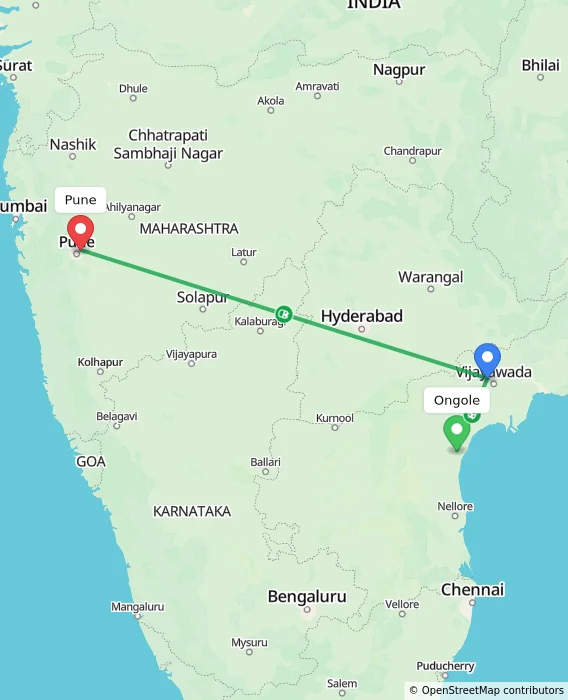 Route map showing distance and travel time from Ongole, India to Pune, India