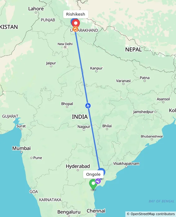 Route map showing distance and travel time from Ongole, India to Rishikesh, India