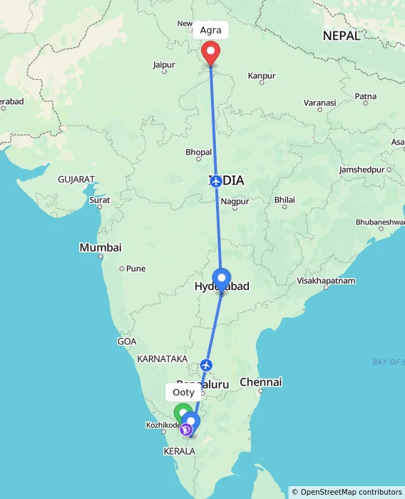 Route map showing distance and travel time from Ooty, India to Agra, India