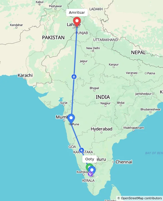 Route map showing distance and travel time from Ooty, India to Amritsar, India