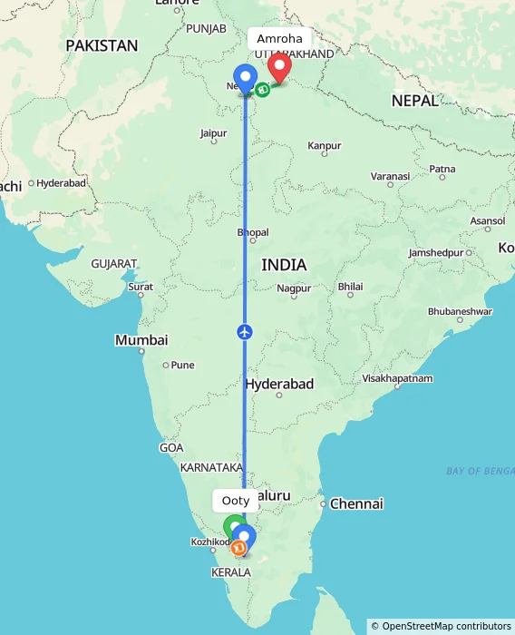 Route map showing distance and travel time from Ooty, India to Amroha, India