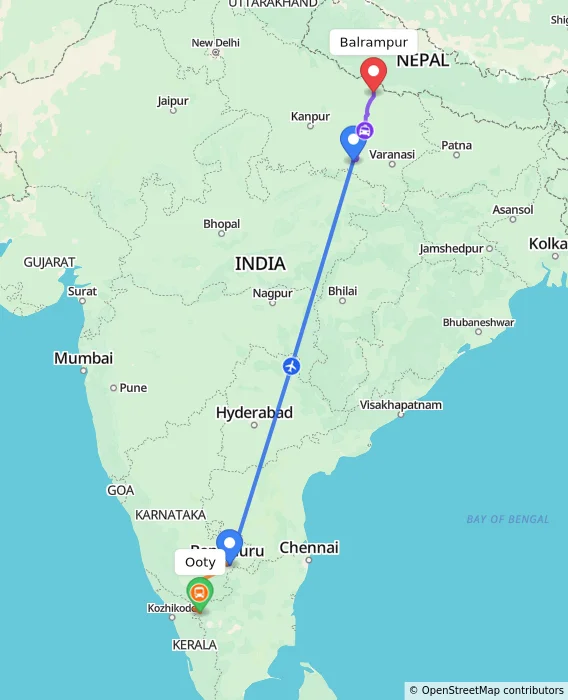 Route map showing distance and travel time from Ooty, India to Balrampur, India