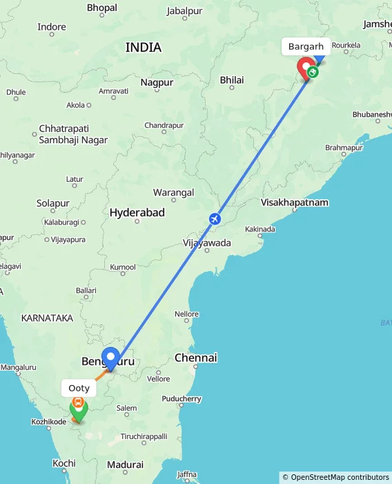 Route map showing distance and travel time from Ooty, India to Bargarh, India