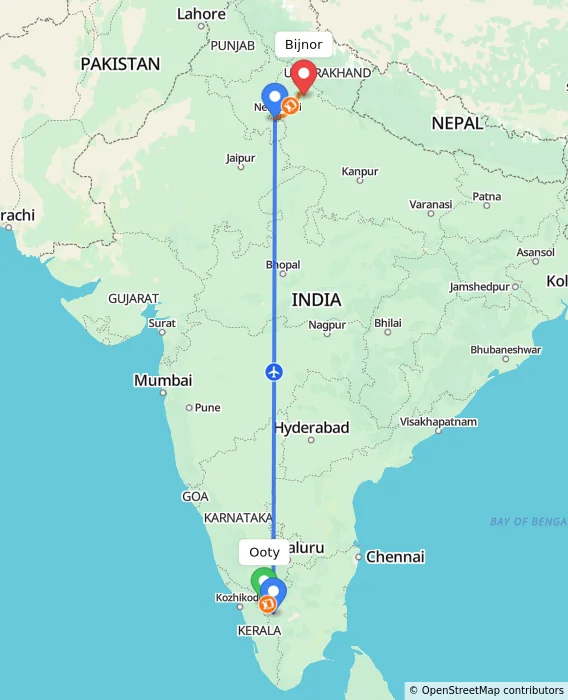 Route map showing distance and travel time from Ooty, India to Bijnor, India