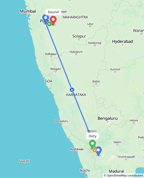 Route map showing distance and travel time from Ooty, India to Daund, India