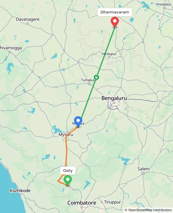 Route map showing distance and travel time from Ooty, India to Dharmavaram, India