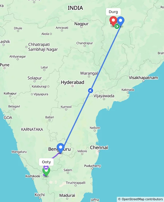 Route map showing distance and travel time from Ooty, India to Durg, India