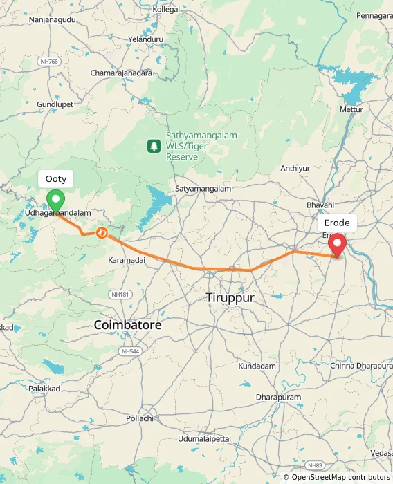 Route map showing distance and travel time from Ooty, India to Erode, India