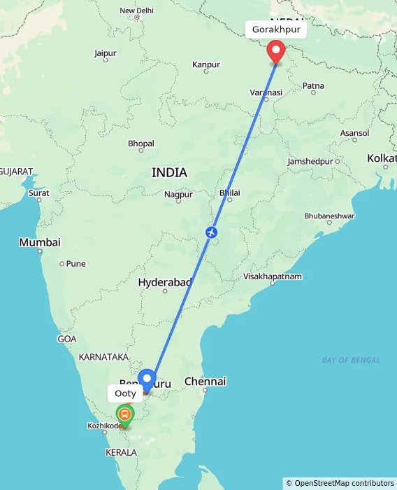 Route map showing distance and travel time from Ooty, India to Gorakhpur, India