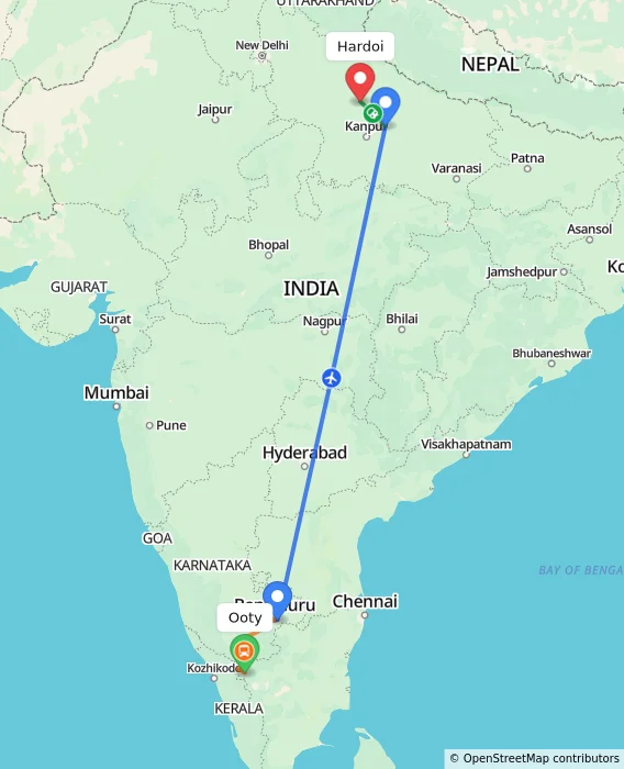 Route map showing distance and travel time from Ooty, India to Hardoi, India