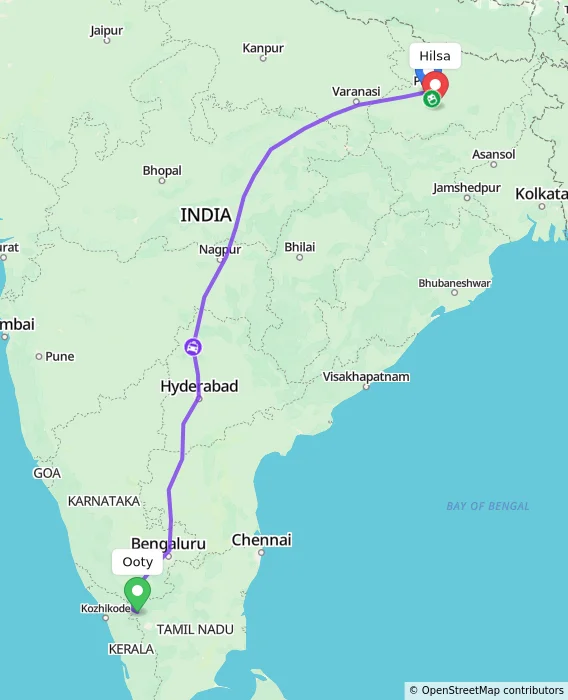 Route map showing distance and travel time from Ooty, India to Hilsa, India