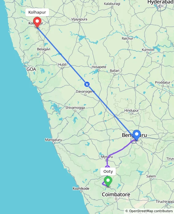 Route map showing distance and travel time from Ooty, India to Kolhapur, India