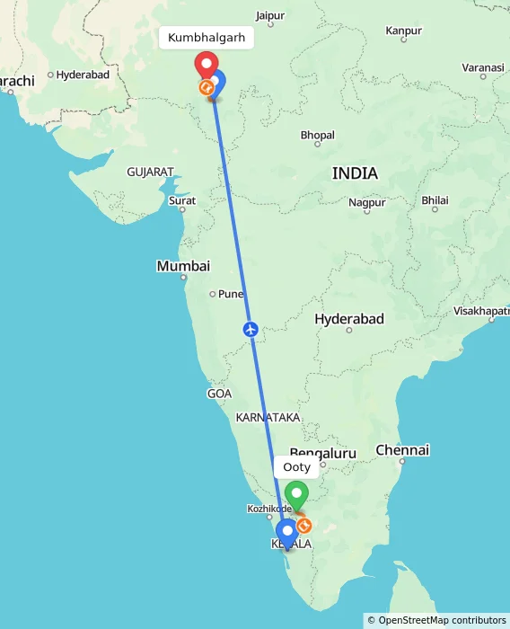 Route map showing distance and travel time from Ooty, India to Kumbhalgarh, India