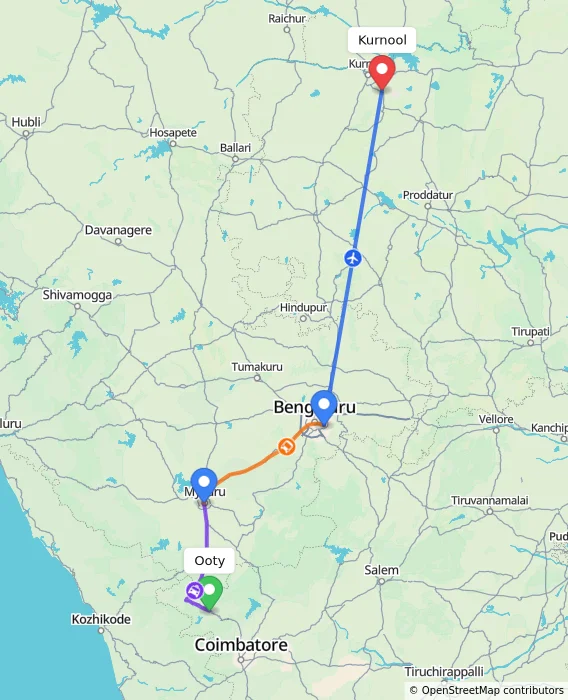 Route map showing distance and travel time from Ooty, India to Kurnool, India