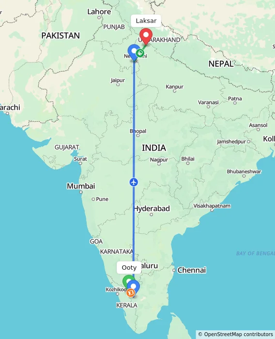Route map showing distance and travel time from Ooty, India to Laksar, India
