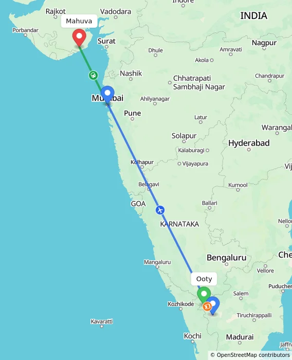 Route map showing distance and travel time from Ooty, India to Mahuva, India