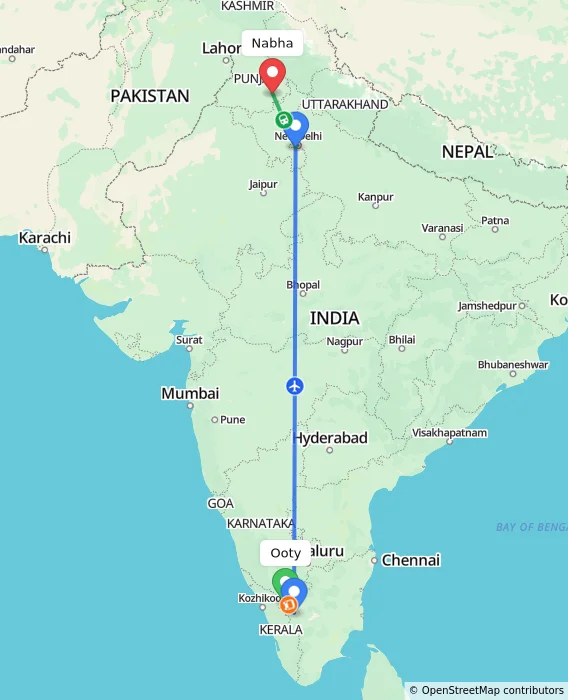 Route map showing distance and travel time from Ooty, India to Nabha, India