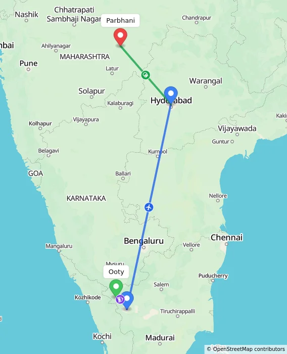 Route map showing distance and travel time from Ooty, India to Parbhani, India