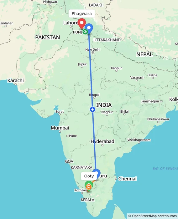 Route map showing distance and travel time from Ooty, India to Phagwara, India