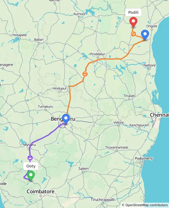 Route map showing distance and travel time from Ooty, India to Podili, India