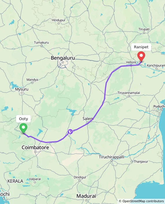 Route map showing distance and travel time from Ooty, India to Ranipet, India