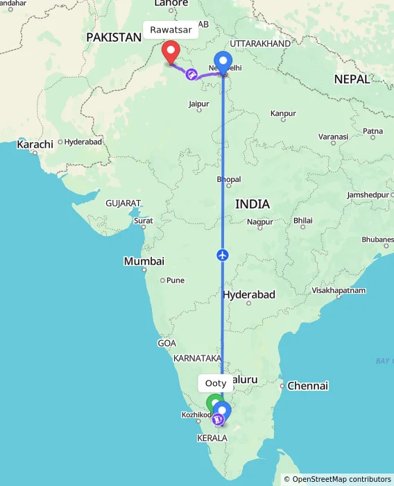 Route map showing distance and travel time from Ooty, India to Rawatsar, India