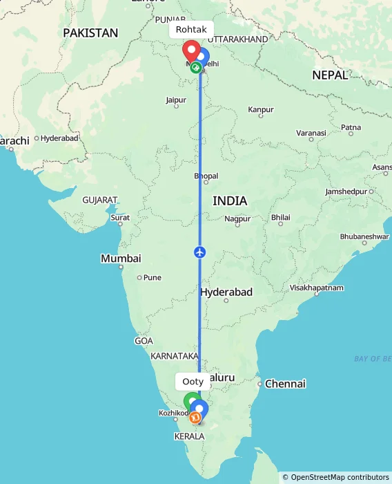 Route map showing distance and travel time from Ooty, India to Rohtak, India