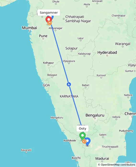 Route map showing distance and travel time from Ooty, India to Sangamner, India