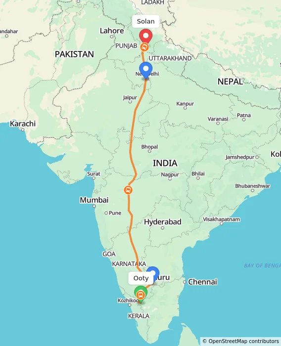 Route map showing distance and travel time from Ooty, India to Solan, India