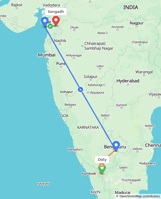 Route map showing distance and travel time from Ooty, India to Songadh, India