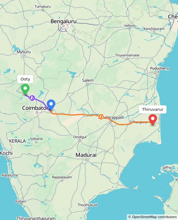 Route map showing distance and travel time from Ooty, India to Thiruvarur, India