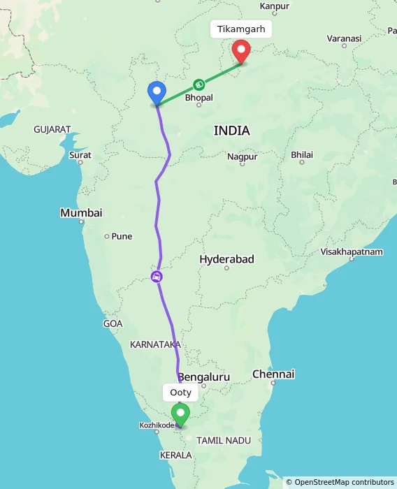 Route map showing distance and travel time from Ooty, India to Tikamgarh, India