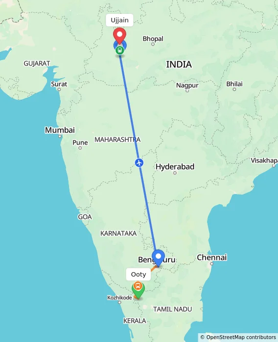 Route map showing distance and travel time from Ooty, India to Ujjain, India