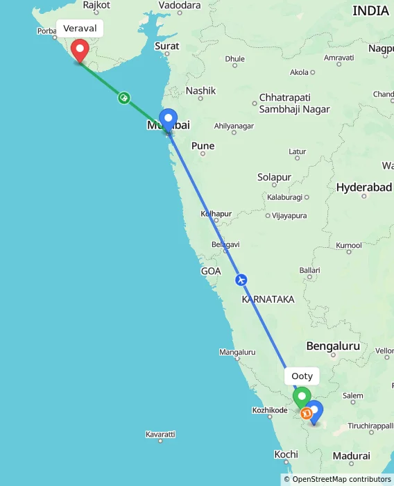 Route map showing distance and travel time from Ooty, India to Veraval, India
