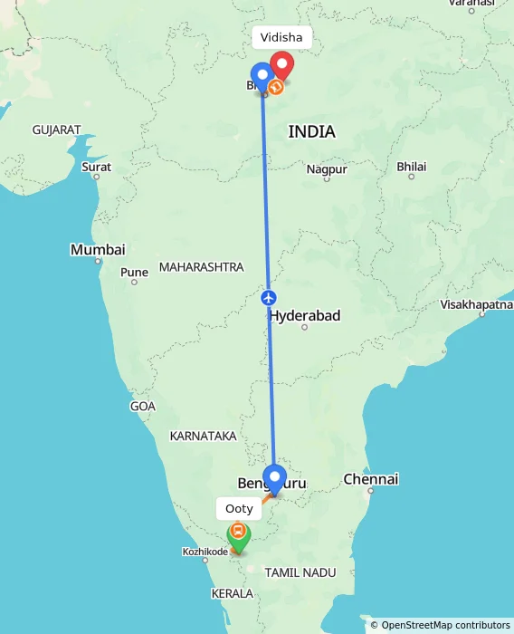Route map showing distance and travel time from Ooty, India to Vidisha, India