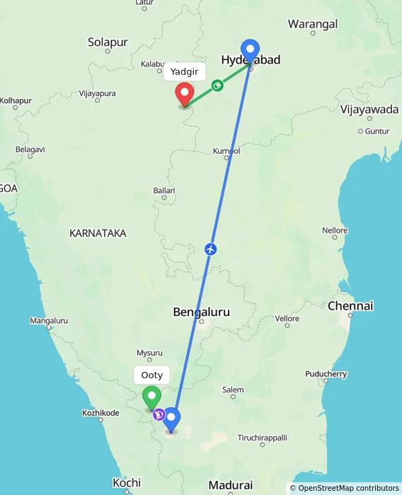 Route map showing distance and travel time from Ooty, India to Yadgir, India