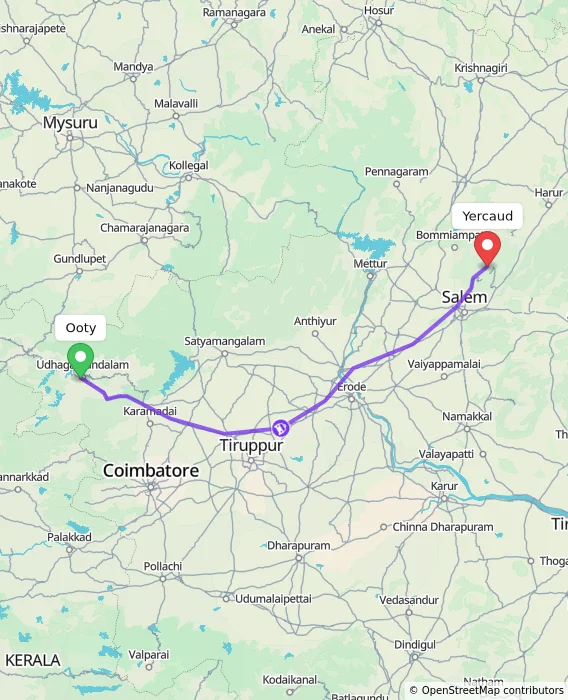 Route map showing distance and travel time from Ooty, India to Yercaud, India