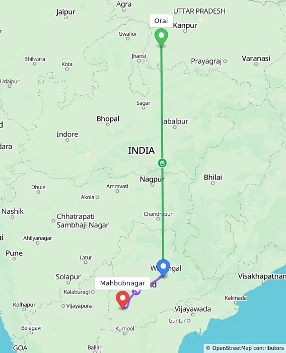 Route map showing distance and travel time from Orai, India to Mahbubnagar, India