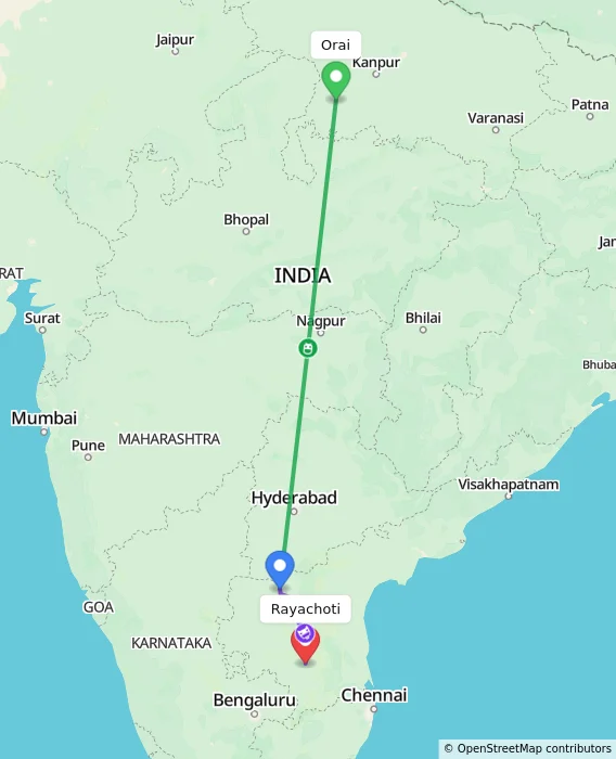 Route map showing distance and travel time from Orai, India to Rayachoti, India