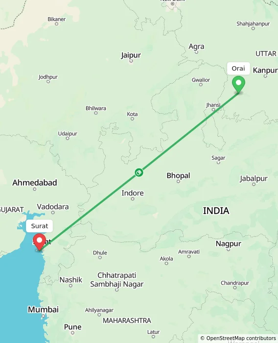Route map showing distance and travel time from Orai, India to Surat, India