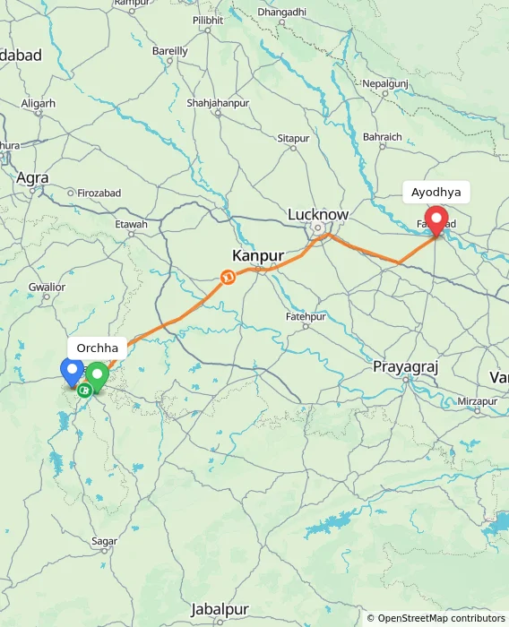 Route map showing distance and travel time from Orchha, India to Ayodhya, India