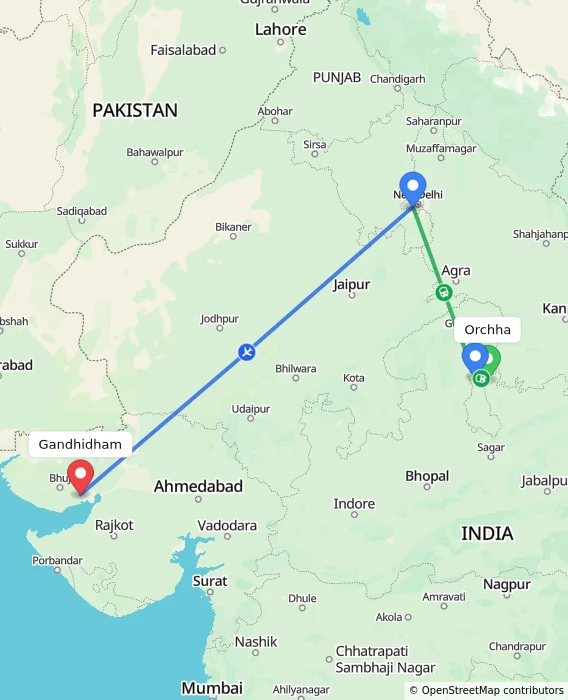 Route map showing distance and travel time from Orchha, India to Gandhidham, India