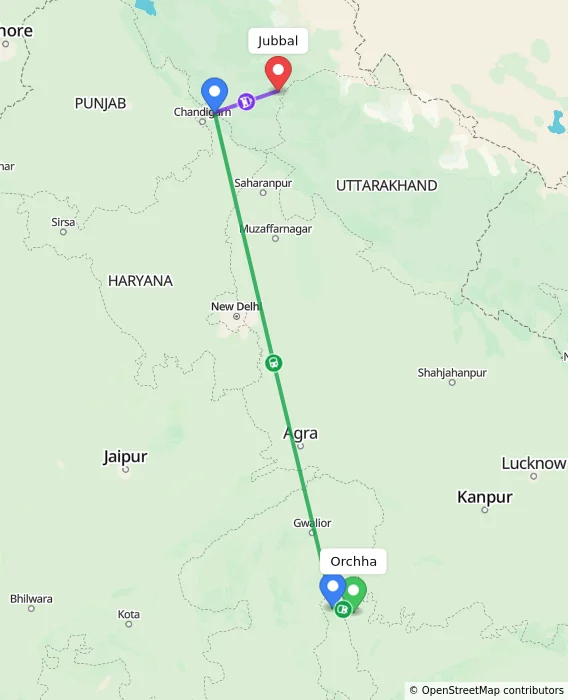 Route map showing distance and travel time from Orchha, India to Jubbal, India