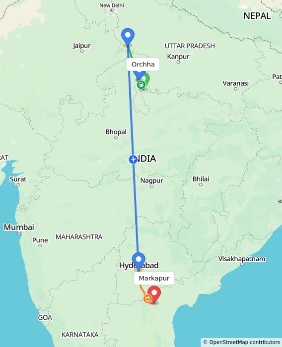 Route map showing distance and travel time from Orchha, India to Markapur, India