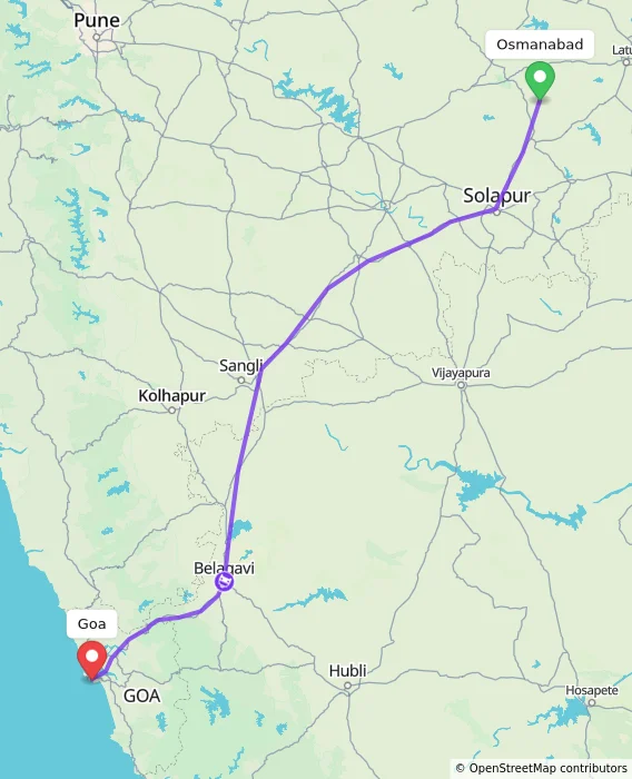 Route map showing distance and travel time from Osmanabad, India to Goa, India
