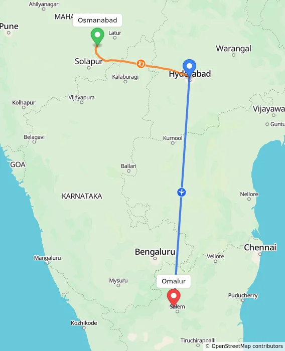 Route map showing distance and travel time from Osmanabad, India to Omalur, India